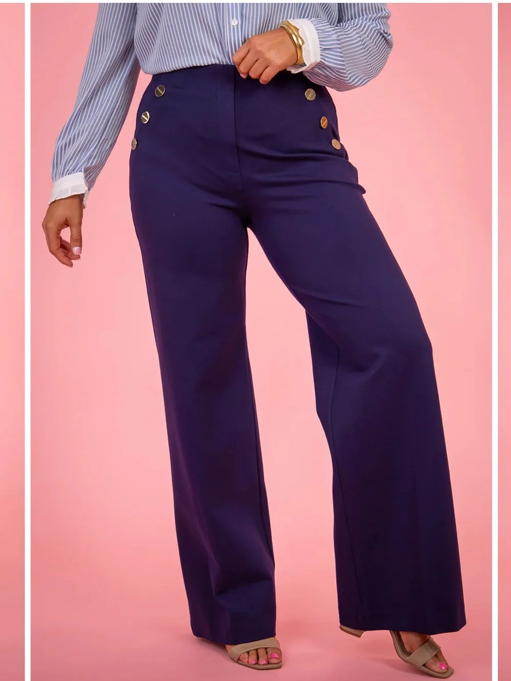 SPANX Ponte Button Front Wide Leg Pants Trousers Lapis Blue Sailor Nautical